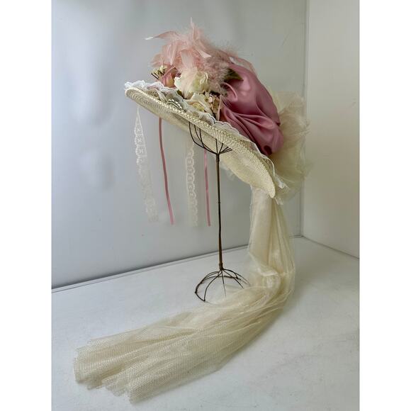 VTG Elsie Massey Originals Pink Floral Wide Brim Victorian Derby Hat main image 11